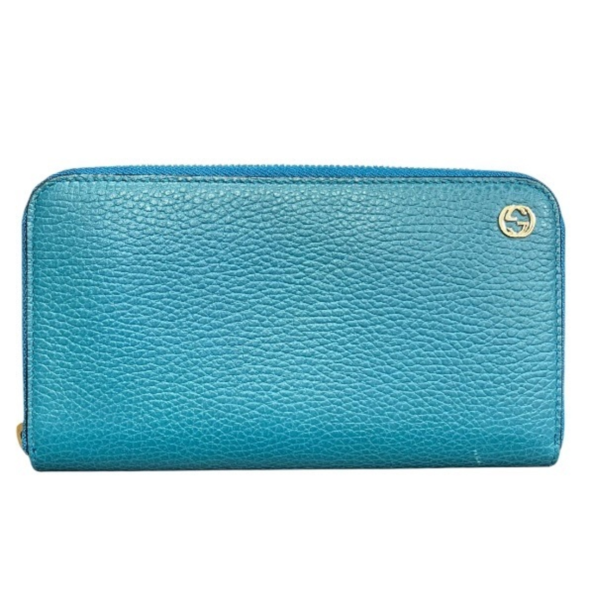 Gucci Interlocking G 449347 Turquoise Blue Round Zip Wallet Long For Women